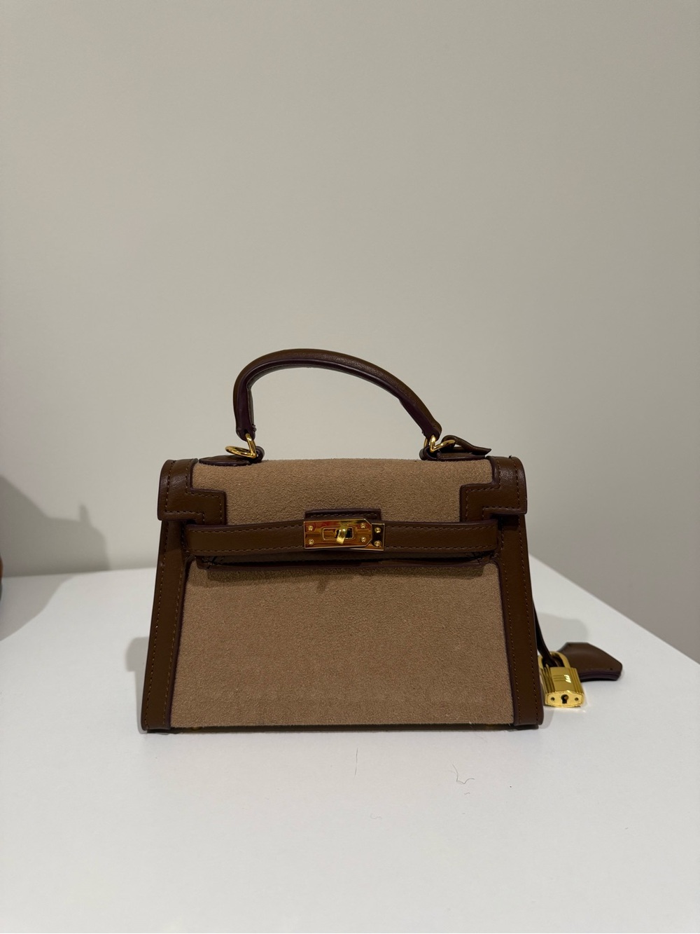 Brown Suede Top-Handle Women’s Bag with Gold Hardware